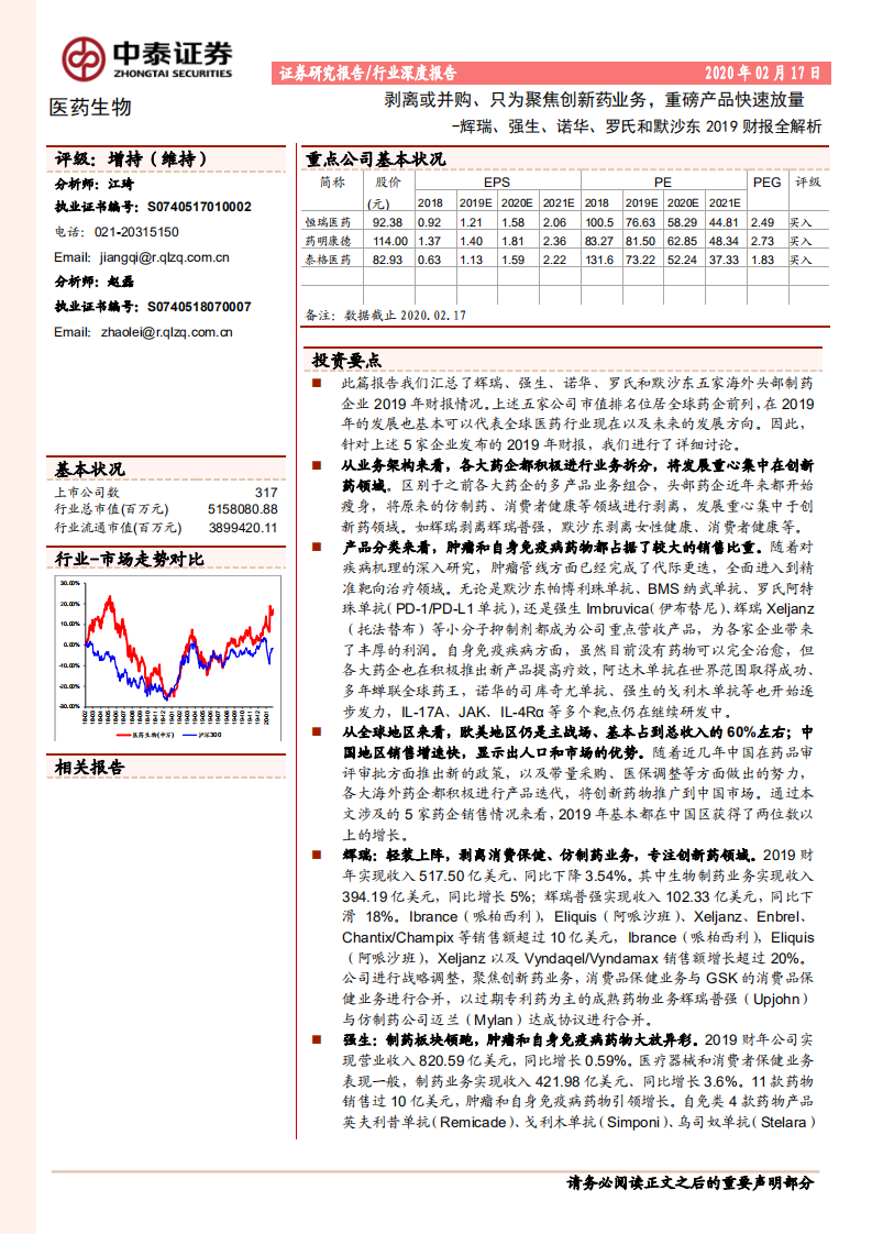 医药生物行业：辉瑞、强生、诺华、罗氏和默沙东2019财报全解析，剥离或并购、只为聚焦创新药业务，重磅产品快速放量.pdf 第1页