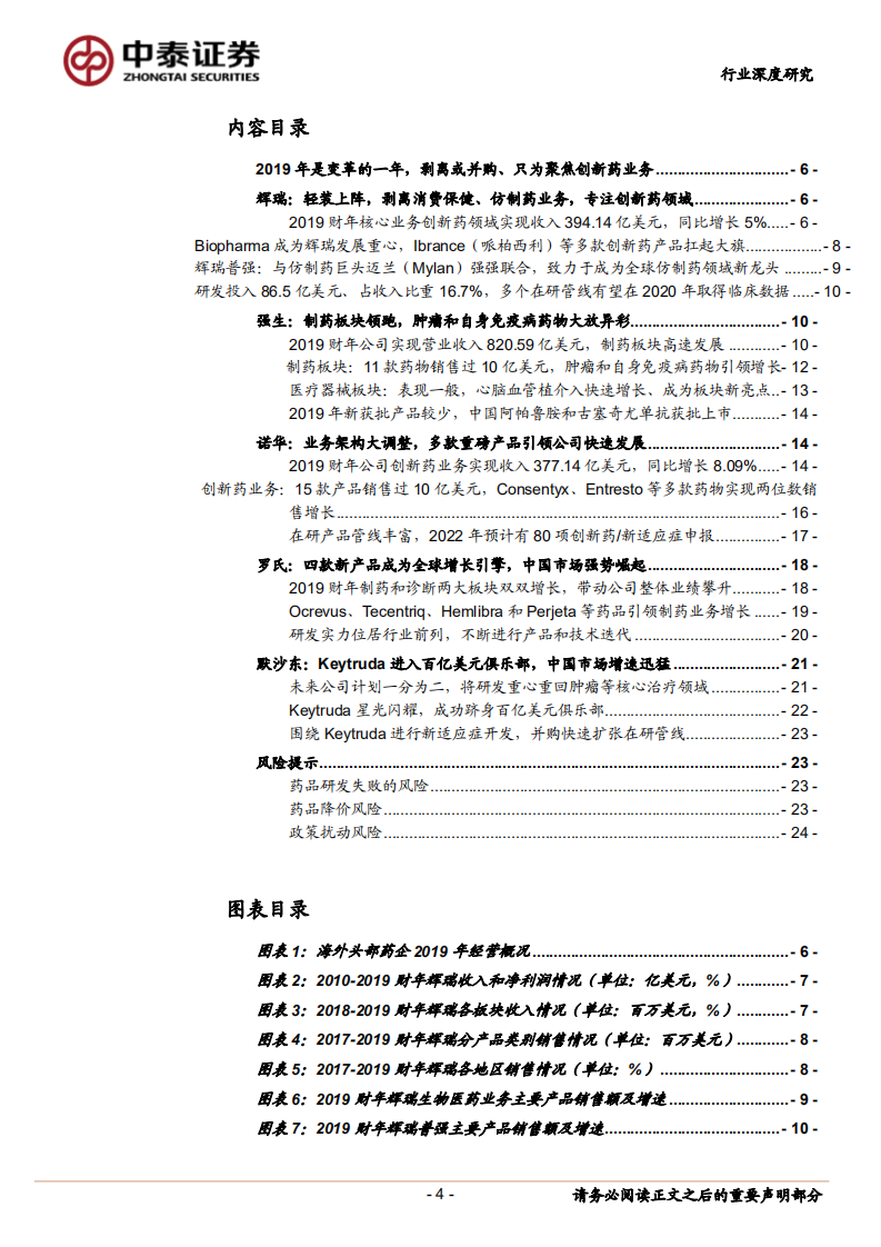 医药生物行业：辉瑞、强生、诺华、罗氏和默沙东2019财报全解析，剥离或并购、只为聚焦创新药业务，重磅产品快速放量.pdf 第4页