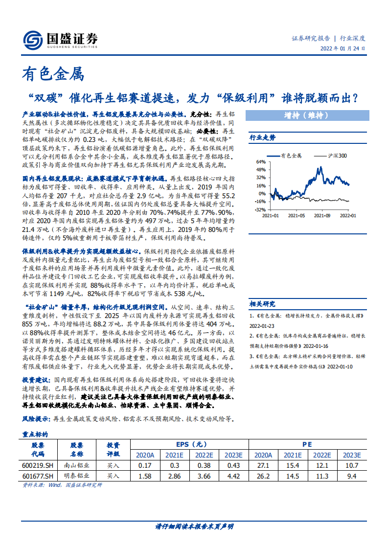有色金属行业：&ldquo;双碳&rdquo;催化再生铝赛道提速，发力&ldquo;保级利用&rdquo;谁将脱颖而出？-220124.pdf 第1页