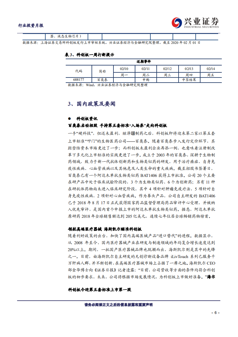 医药生物行业：科创板生物医药投资手册第19期，兴证医药科创板生物医药投资定期报告-200202.pdf 第6页