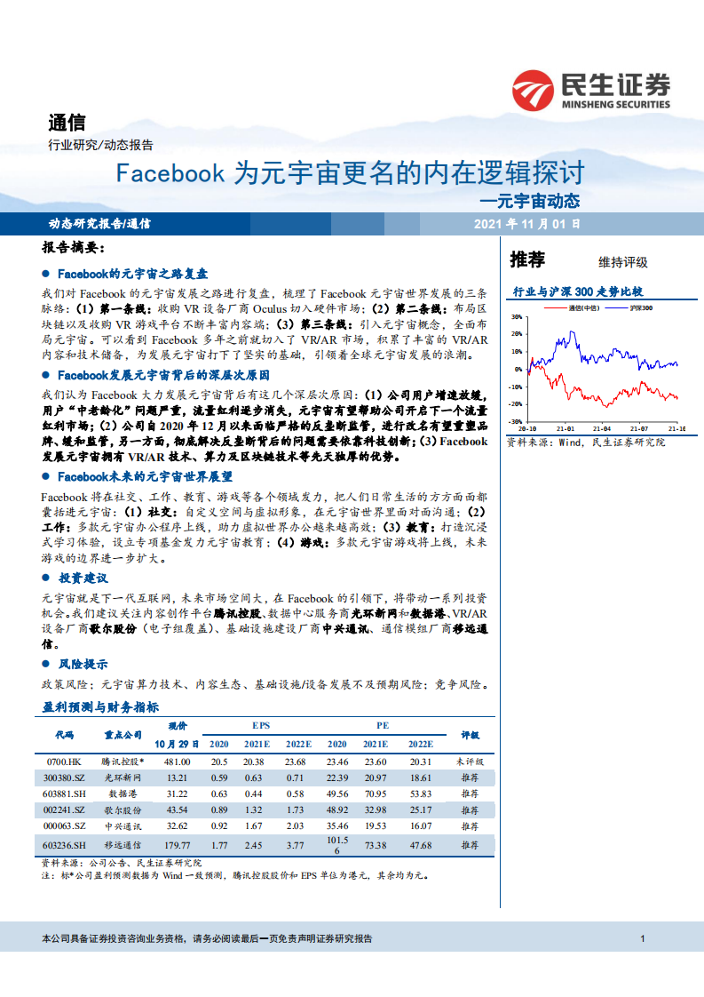 通信行业：元宇宙动态，Facebook为元宇宙更名的内在逻辑探讨-211101.pdf 第1页