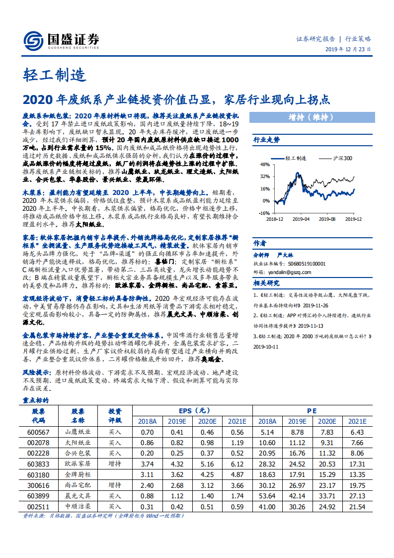 轻工制造行业：2020年废纸系产业链投资价值凸显，家居行业现向上拐点-191223.pdf 第1页