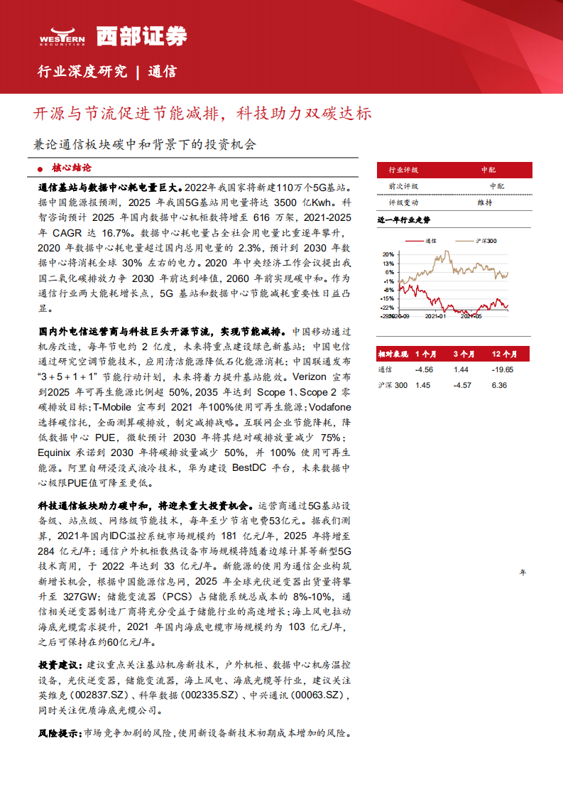 通信行业深度研究：兼论通信板块碳中和背景下的投资机会，开源与节流促进节能减排，科技助力双碳达标-210908.pdf 第1页