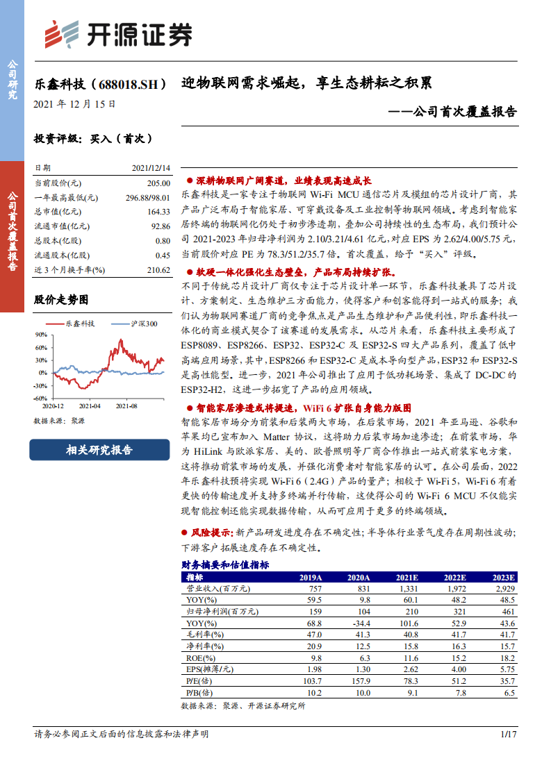乐鑫科技-公司首次覆盖报告：迎物联网需求崛起，享生态耕耘之积累-20211215.pdf 第1页