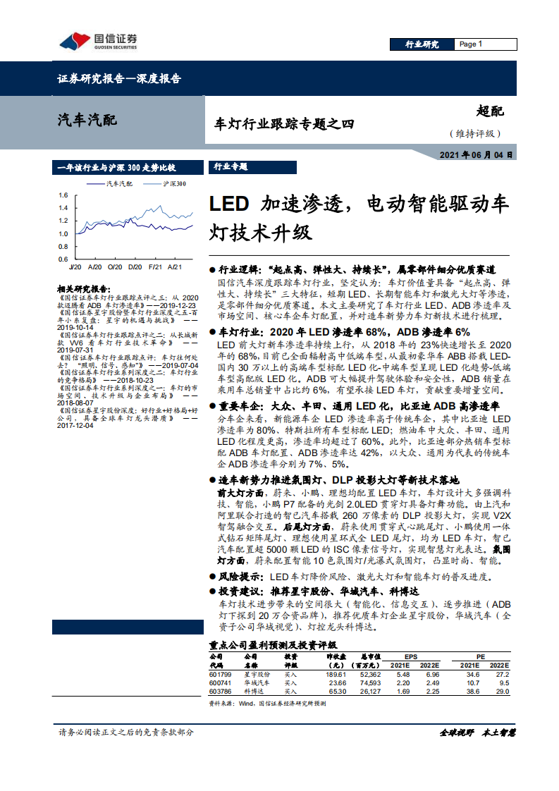 车灯行业跟踪专题之四：LED加速渗透，电动智能驱动车灯技术升级-210604.pdf 第1页