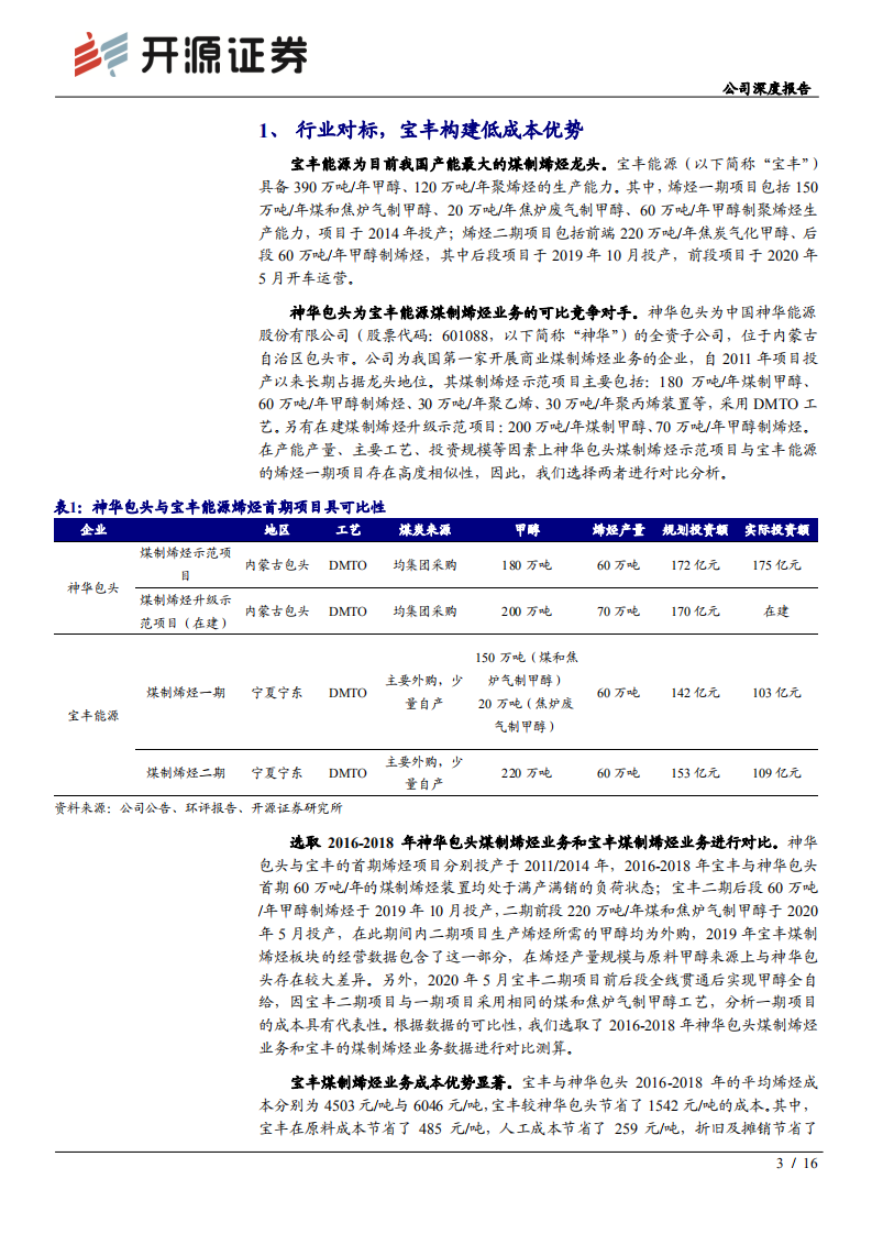 宝丰能源-公司深度报告：行业对标构建低成本优势，二期烯烃甲醇完全自给降本再发力-200619.pdf 第3页