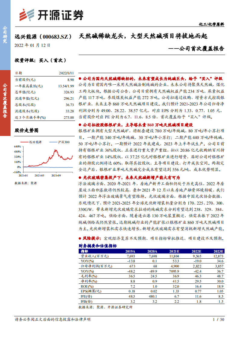 远兴能源-公司首次覆盖报告：天然碱稀缺龙头，大型天然碱项目将拔地而起-20220112.pdf 第1页