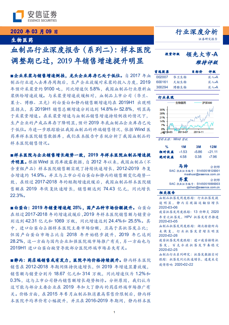 血制品行业深度报告（系列二）：样本医院调整期已过，2019年销售增速提升明显-200309.pdf 第1页