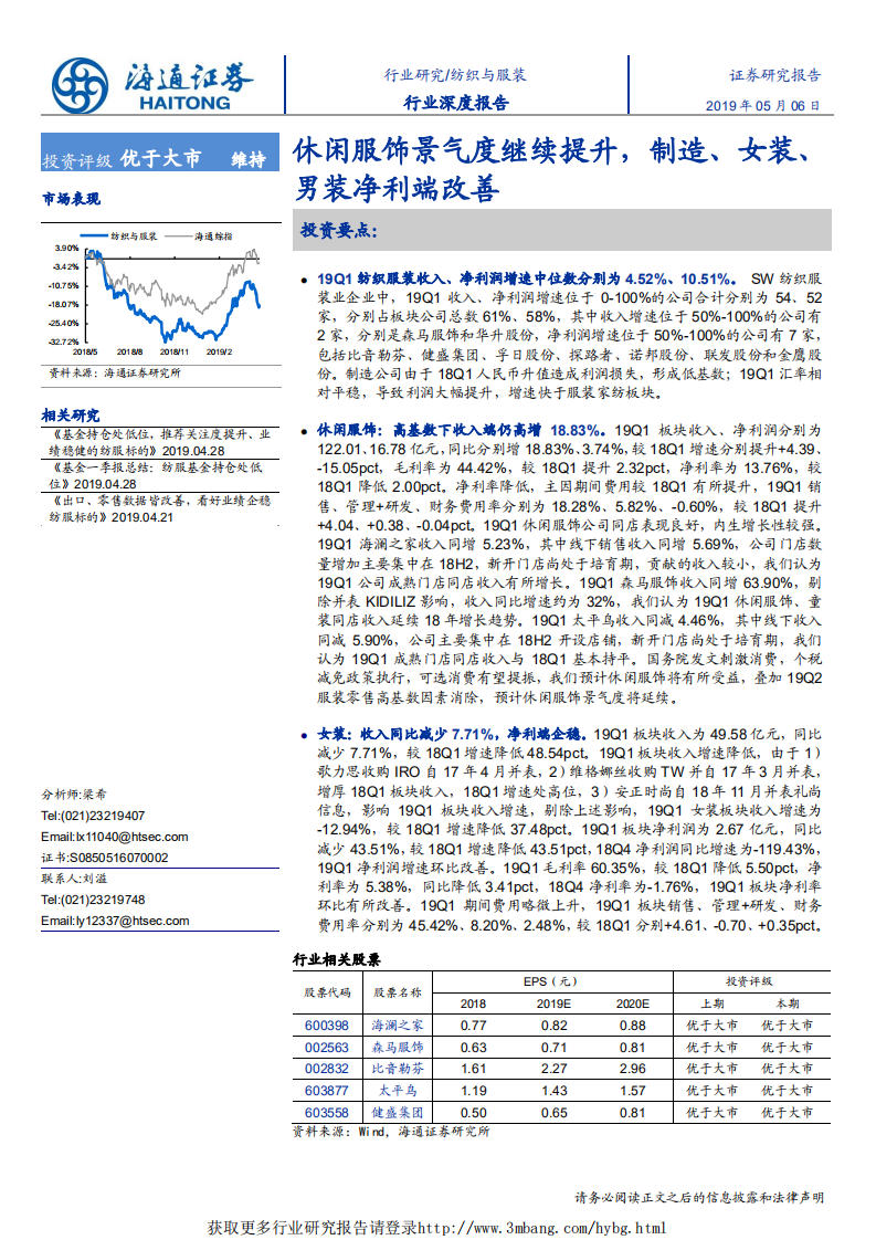 纺织服装行业深度报告：休闲服饰景气度继续提升，制造、女装、男装净利端改善-190506.pdf 第1页