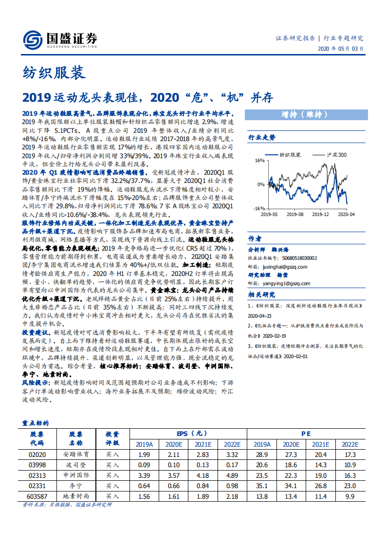 纺织服装行业专题研究：2019运动龙头表现佳，2020&ldquo;危&rdquo;、&ldquo;机&rdquo;并存-200503.pdf 第1页