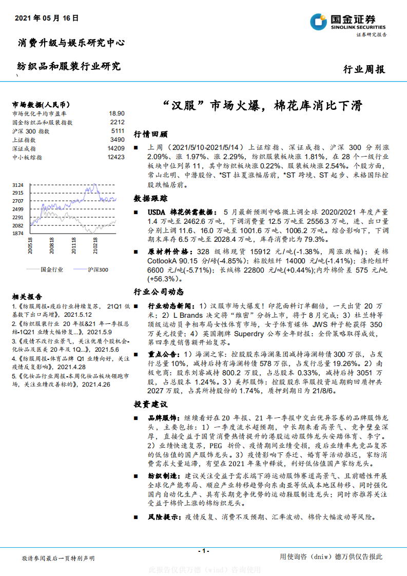 纺织品和服装行业研究：&ldquo;汉服&rdquo;市场火爆，棉花库消比下滑-210516.pdf 第1页
