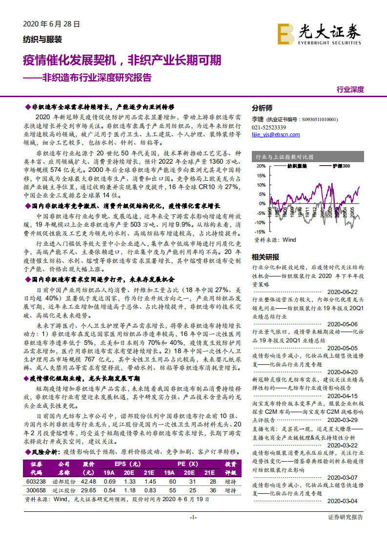 纺织与服装行业：非织造布行业深度研究报告，疫情催化发展契机，非织产业长期可期-200628.pdf 第1页