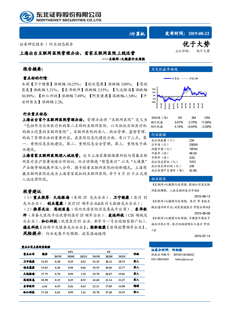 计算机行业互联网+大健康行业周报：上海出台互联网医院管理办法，首家互联网医院上线运营-190822.pdf 第1页