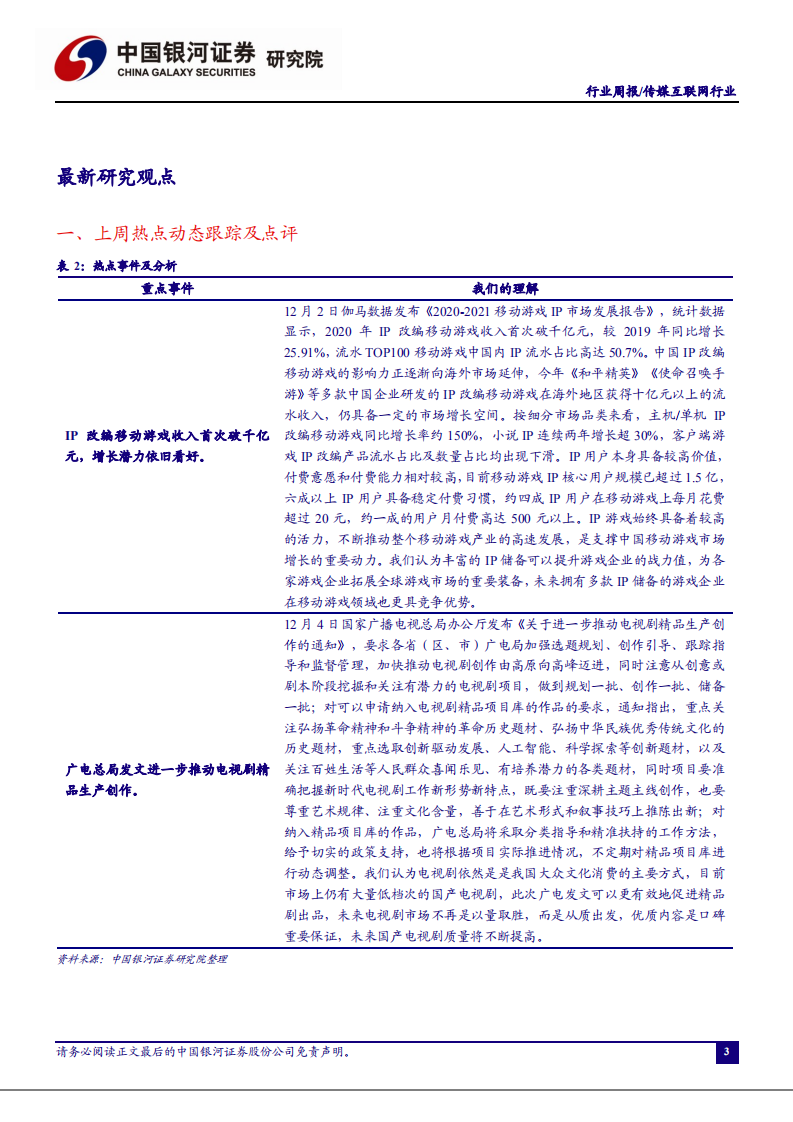 传媒互联网行业：IP改编移动游戏收入首次破千亿，广电总局发文推动电视剧精品生产创作-20201206.pdf 第3页