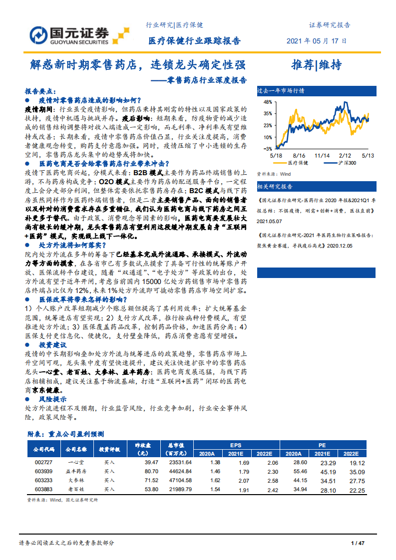 零售药店行业深度报告：解惑新时期零售药店，连锁龙头确定性强-210517.pdf 第1页