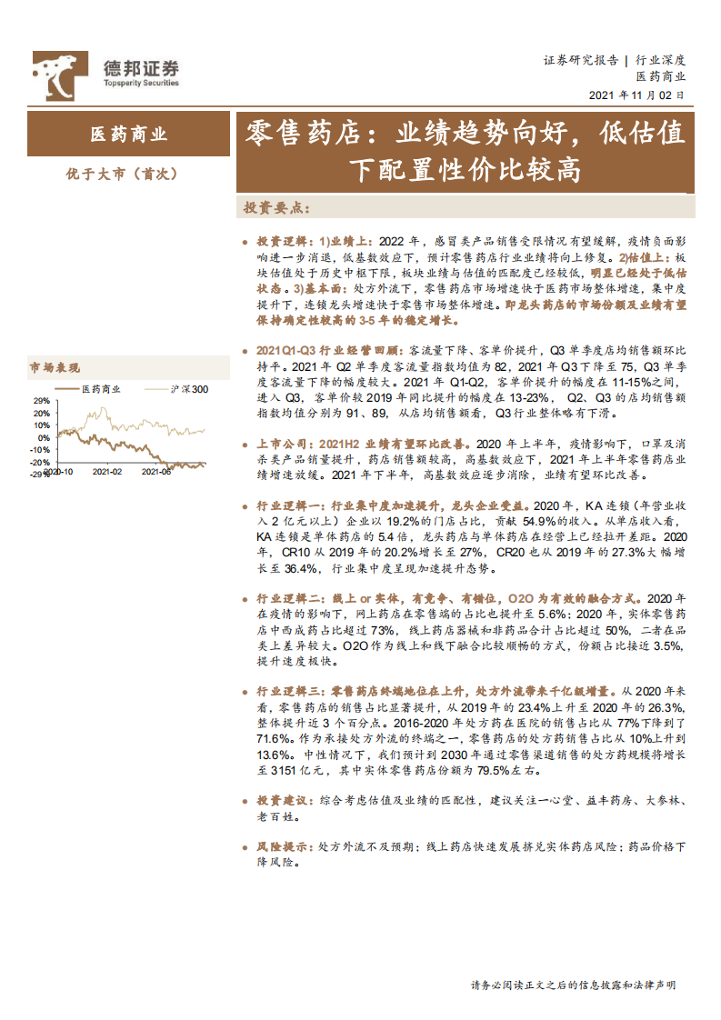 医药商业行业零售药店：业绩趋势向好，低估值下配置性价比较高-211102.pdf 第1页