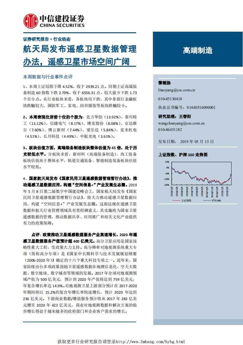 高端制造行业：航天局发布遥感卫星数据管理办法，遥感卫星市场空间广阔-190515.pdf 第1页