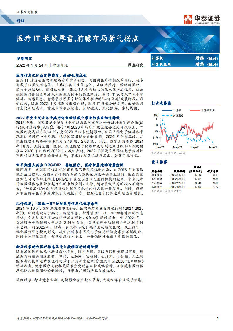 计算机行业：医疗IT长坡厚雪，前瞻布局景气拐点-220124.pdf 第1页