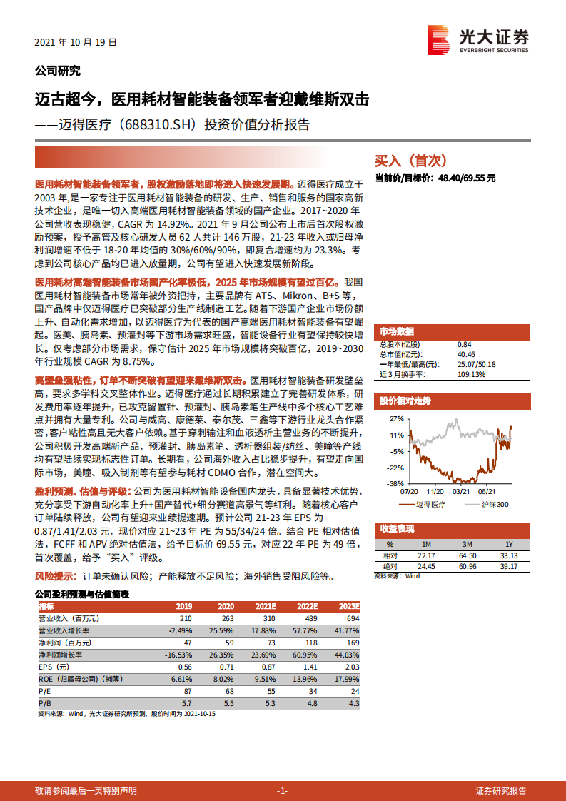 迈得医疗-投资价值分析报告：迈古超今，医用耗材智能装备领军者迎戴维斯双击-20211019.pdf 第1页