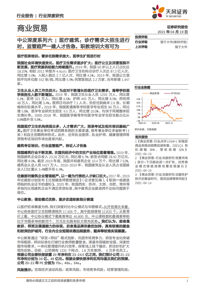 商业贸易行业中公深度系列六医疗建筑：诊疗需求大招生进行时，监管趋严一建人才告急，职教培训大有可为-210419.pdf 第1页