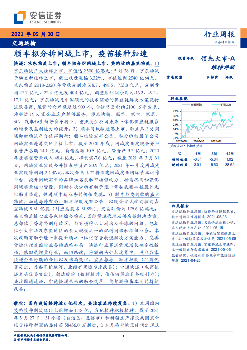 交通运输行业：顺丰拟分拆同城上市，疫苗接种加速-210530.pdf 第1页