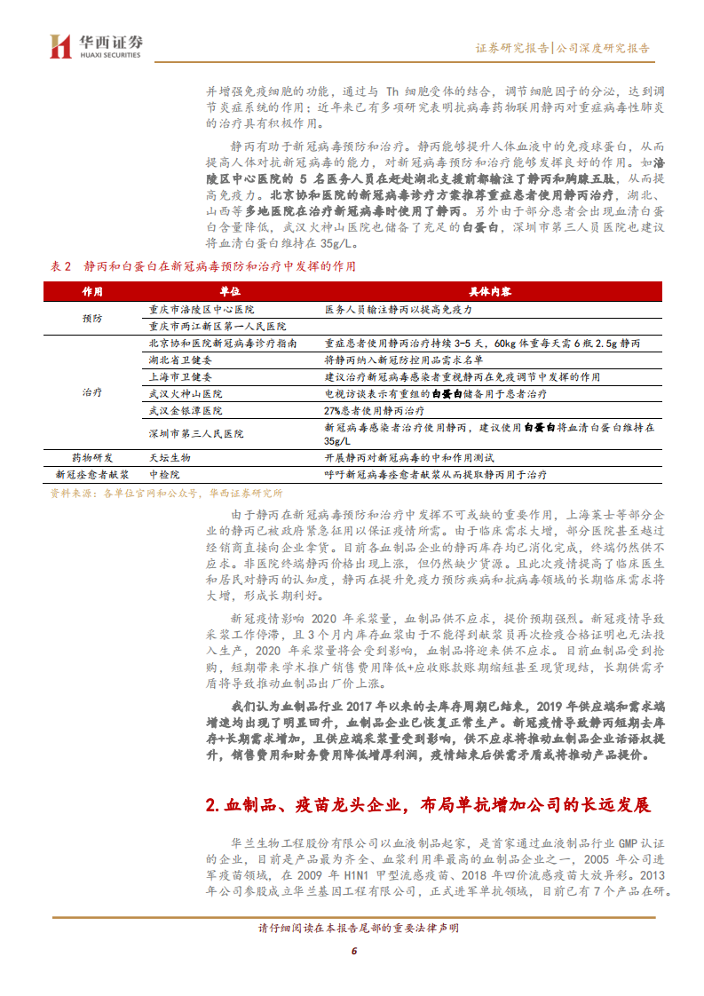 华兰生物--血制品行业供需格局变好，四价流感疫苗增厚业绩-200212.pdf 第6页