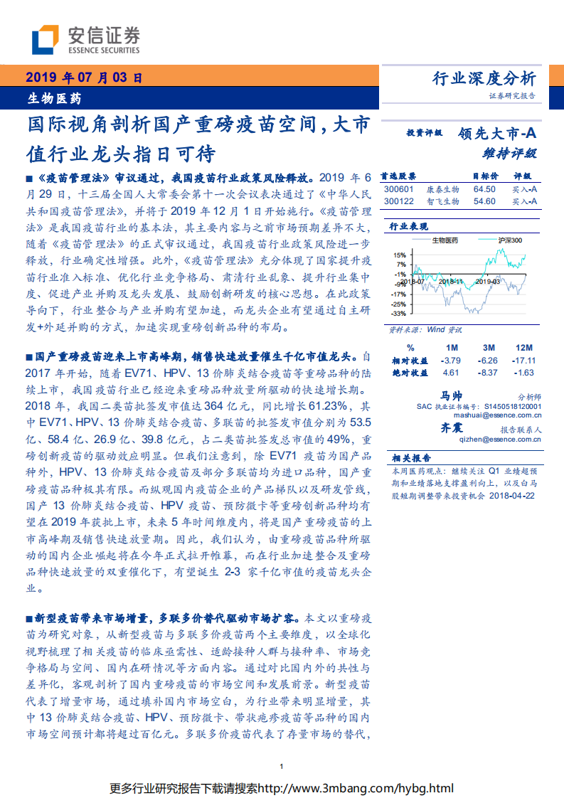 生物医药行业：国际视角剖析国产重磅疫苗空间，大市值行业龙头指日可待-190703.pdf 第1页
