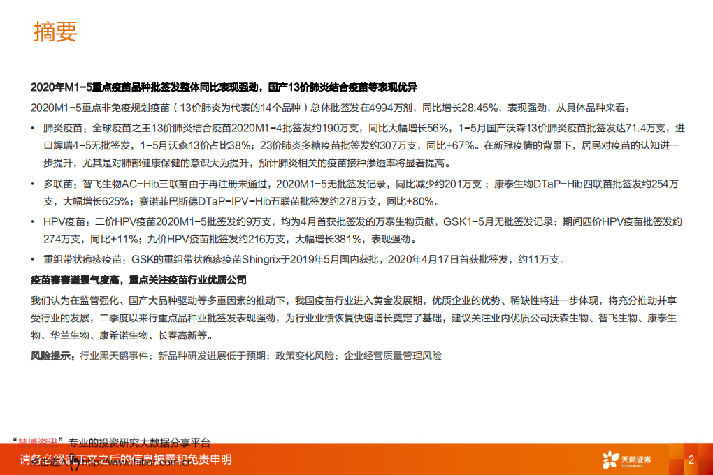 生物制品行业2020年M1~M5疫苗批签发报告：重点品种整体快速增长，国产13价肺炎疫苗等表现强劲-200605.pdf 第2页
