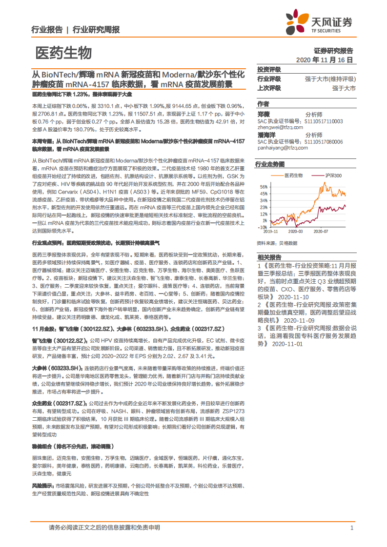 医药生物行业：从BioNTech、辉瑞mRNA新冠疫苗和Moderna、默沙东个性化肿瘤疫苗mRNA~4157临床数据，看mRNA疫苗发展前景-20201116.pdf 第1页