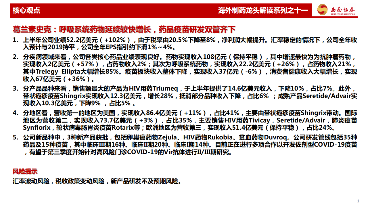 医药生物行业：海外制药龙头解读系列之十一，葛兰素史克GSK~2020年中报解读，呼吸系统药物延续较快增长，药品疫苗研发双管齐下-20201016.pdf 第2页