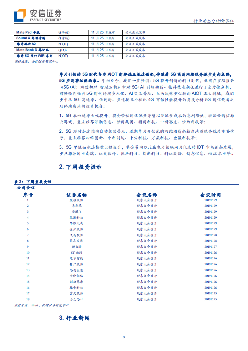 计算机行业动态分析：华为将再发AIOT新终端，5G应用汹涌而来-191124.pdf 第3页