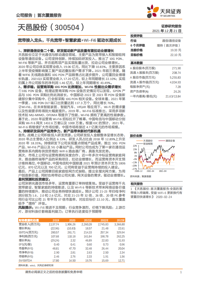 天邑股份-宽带接入龙头，千兆宽带+智慧家庭+Wi-Fi6驱动长期成长-2021122.pdf 第1页