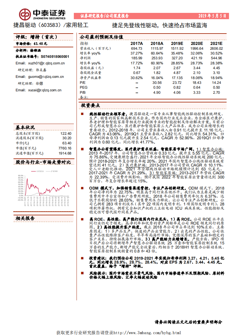 捷昌驱动-捷足先登线性驱动，快速抢占市场蓝海-190505.pdf 第1页