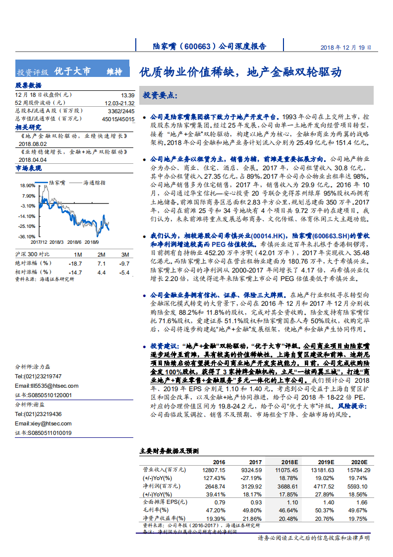 陆家嘴-优质物业价值稀缺，地产金融双轮驱动-181219.pdf 第1页