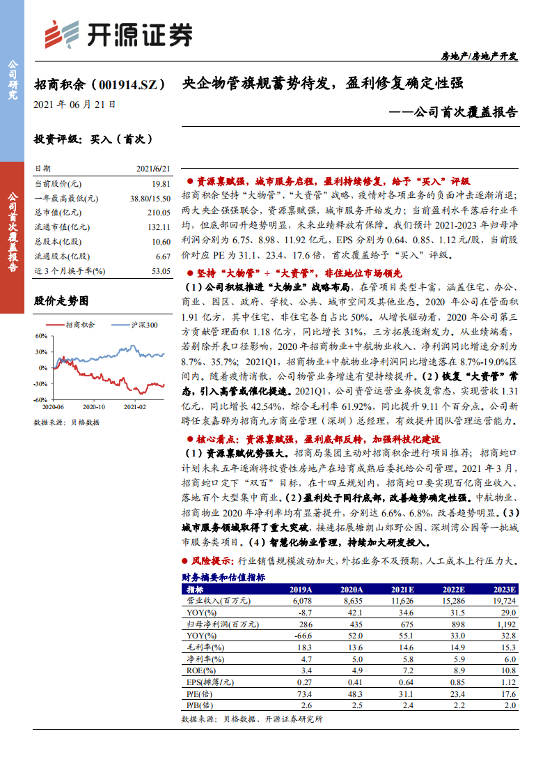 招商积余-公司首次覆盖报告：央企物管旗舰蓄势待发，盈利修复确定性强-210621.pdf 第1页