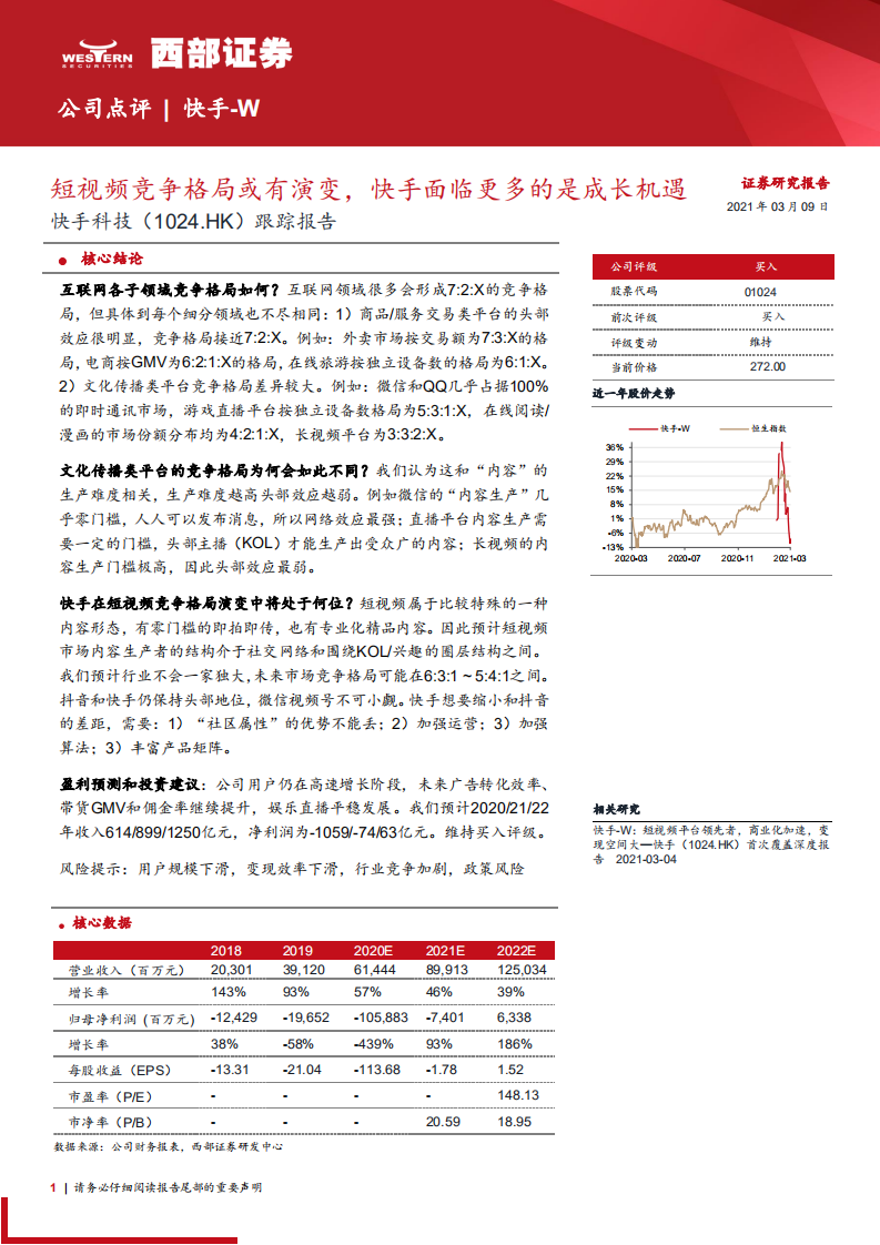 快手-W跟踪报告：短视频竞争格局或有演变，快手面临更多的是成长机遇.pdf 第1页