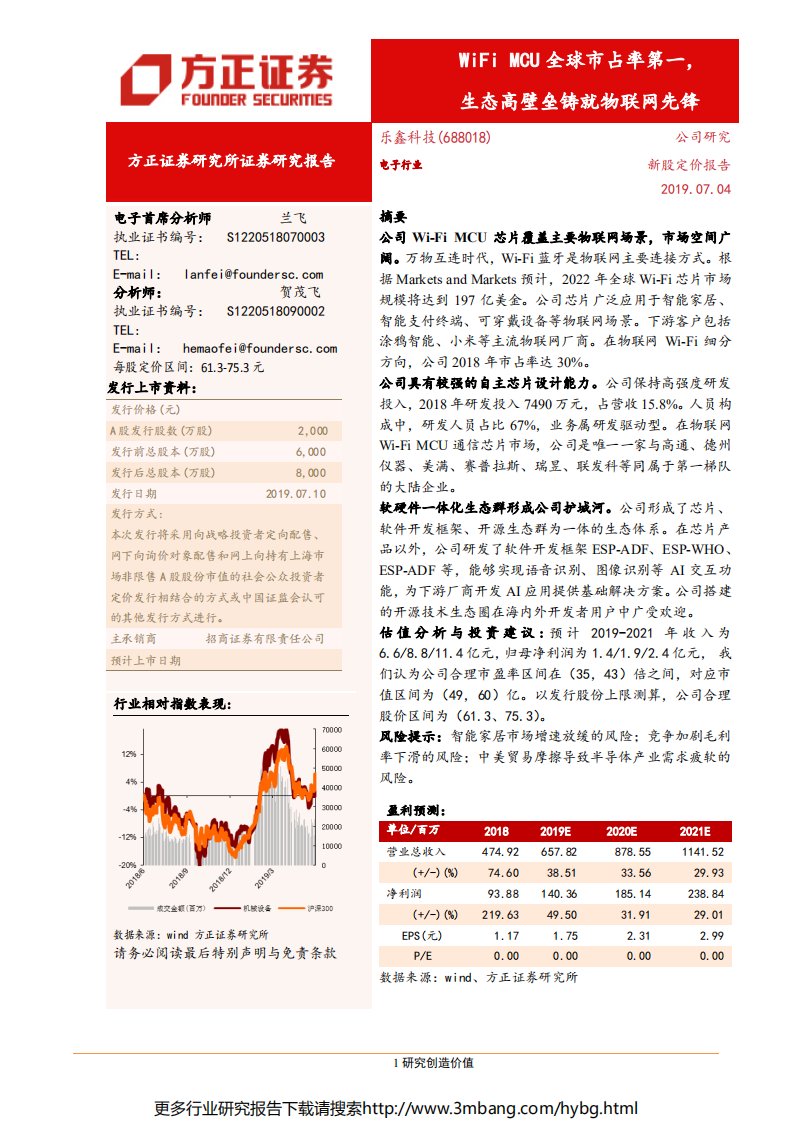 乐鑫科技-新股定价报告：WiFi MCU全球市占率第一，生态高壁垒铸就物联网先锋-190704.pdf 第1页