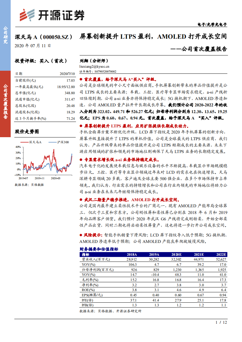 深天马A-公司首次覆盖报告：屏幕创新提升LTPS盈利，AMOLED打开成长空间-20200711.pdf 第1页