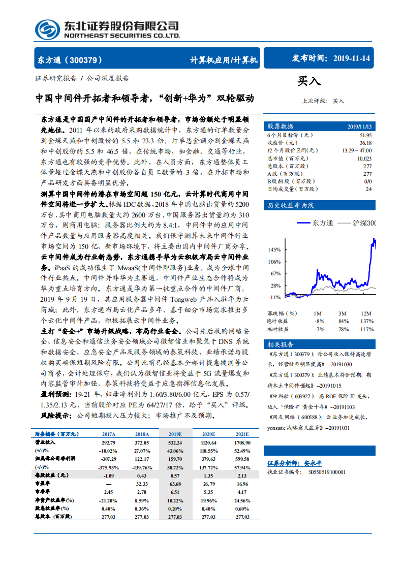 东方通-中国中间件开拓者和领导者，“创新+华为”双轮驱动-191114.pdf 第1页