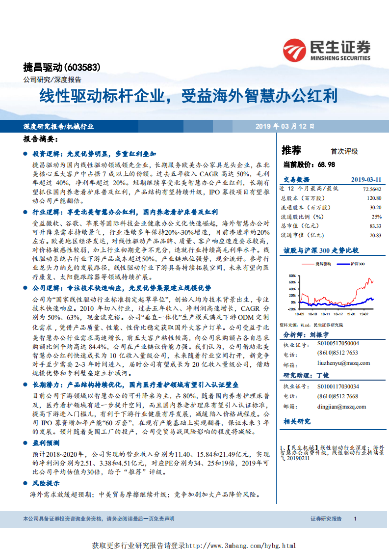 捷昌驱动-线性驱动标杆企业，受益海外智慧办公红利-190312.pdf 第1页