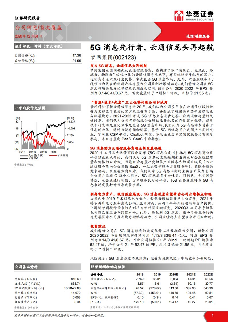 梦网集团-5G消息先行者，云通信龙头再起航-20201204.pdf 第1页