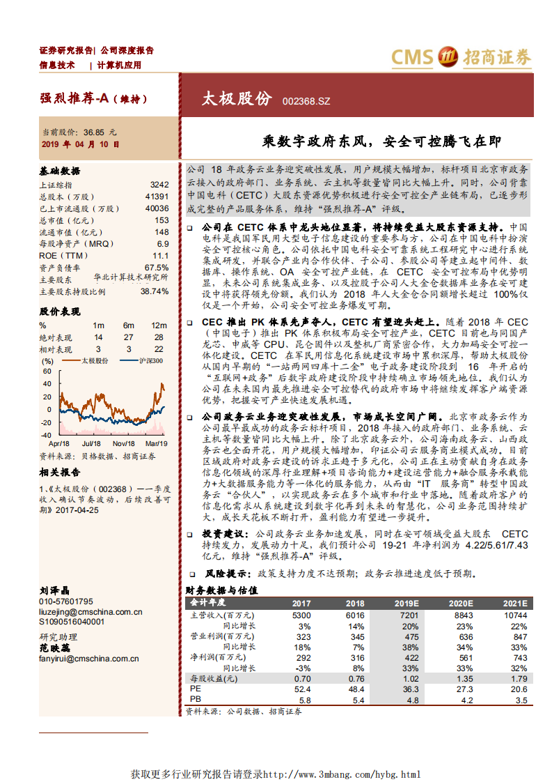 太极股份-乘数字政府东风，安全可控腾飞在即-190410.pdf 第1页
