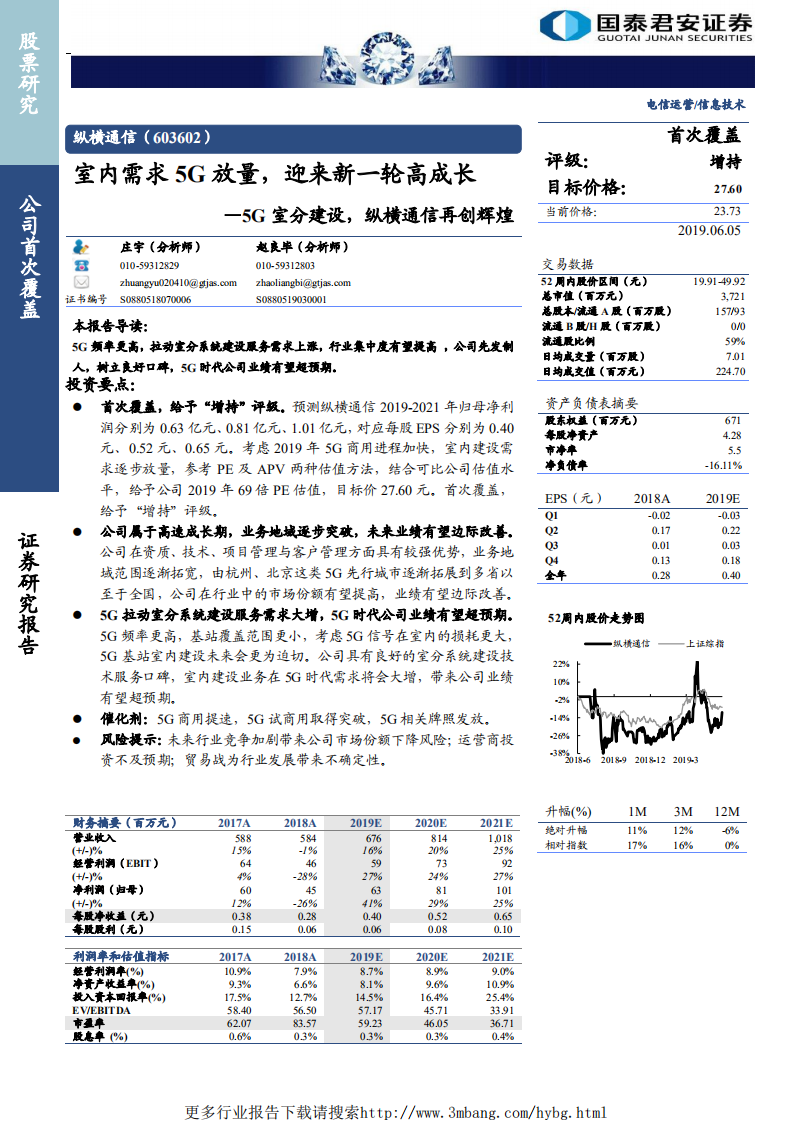 纵横通信-室内需求5G放量，迎来新一轮高成长，5G室分建设，纵横通信再创辉煌-190605.pdf 第1页