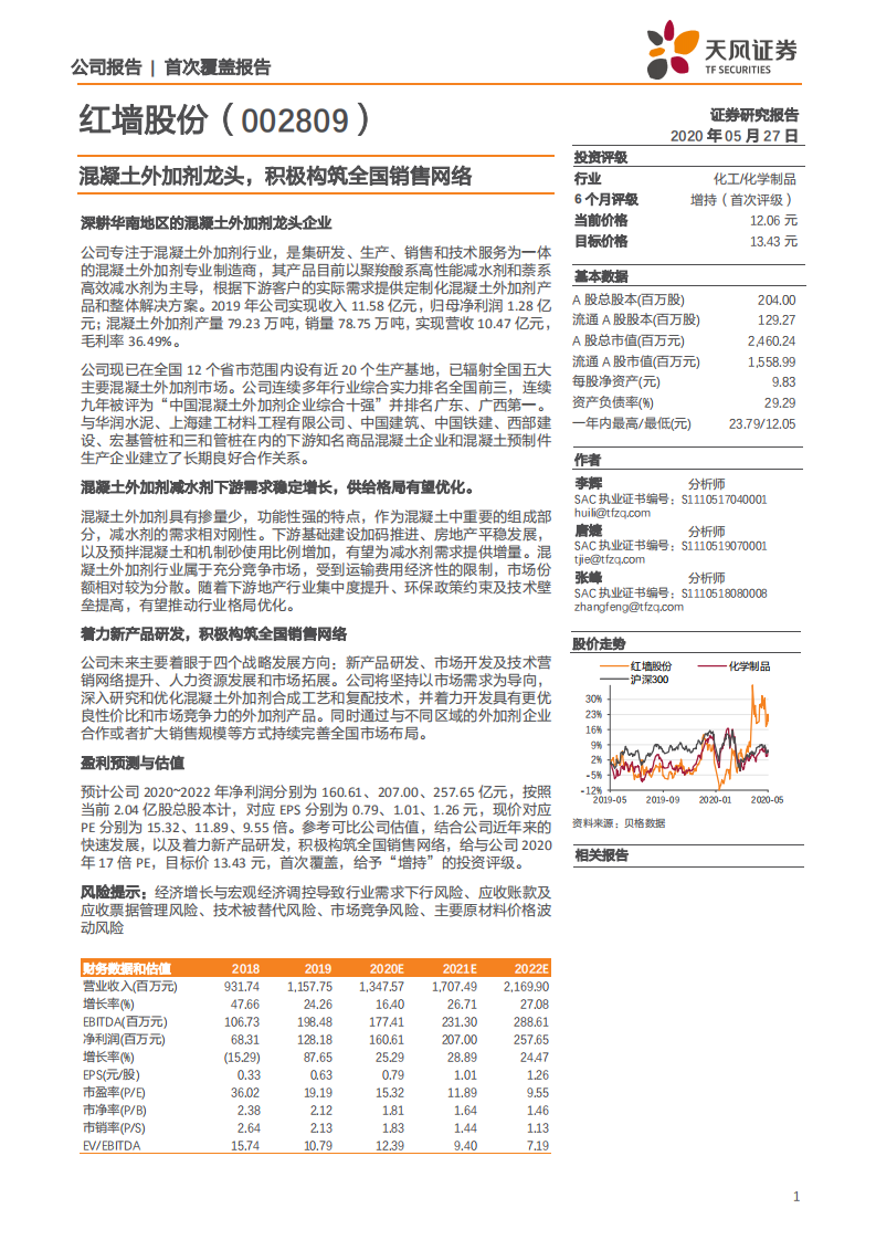红墙股份-混凝土外加剂龙头，积极构筑全国销售网络-200527.pdf 第1页