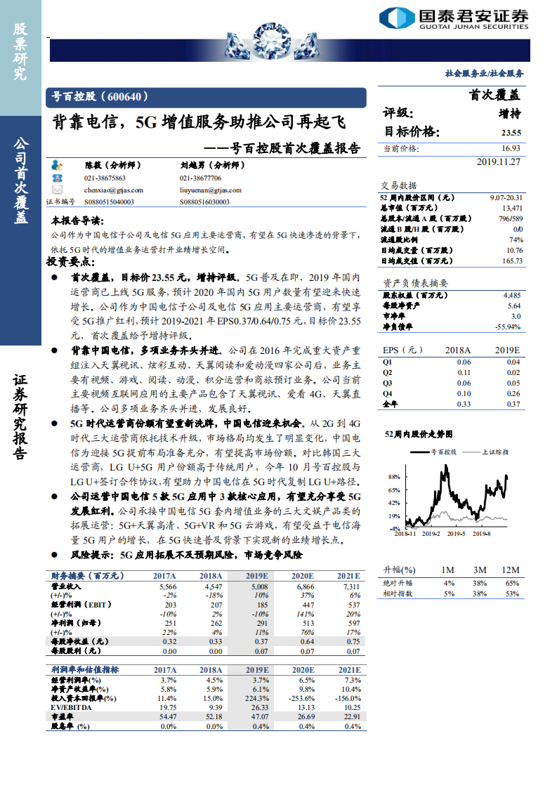 号百控股-首次覆盖报告：背靠电信，5G增值服务助推公司再起飞-191127.pdf 第1页
