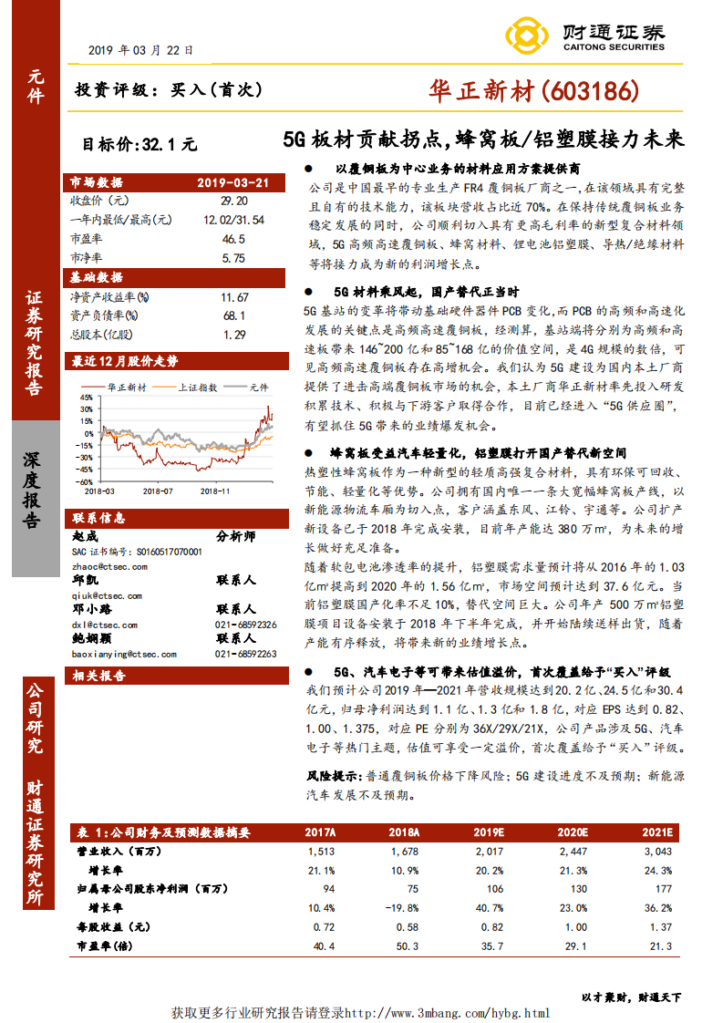 华正新材-5G板材贡献拐点，蜂窝板、铝塑膜接力未来-190322.pdf 第1页