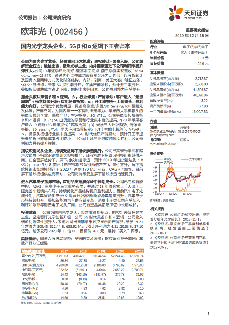 欧菲光-国内光学龙头企业，5Gβ和α逻辑下王者归来-191215.pdf 第1页