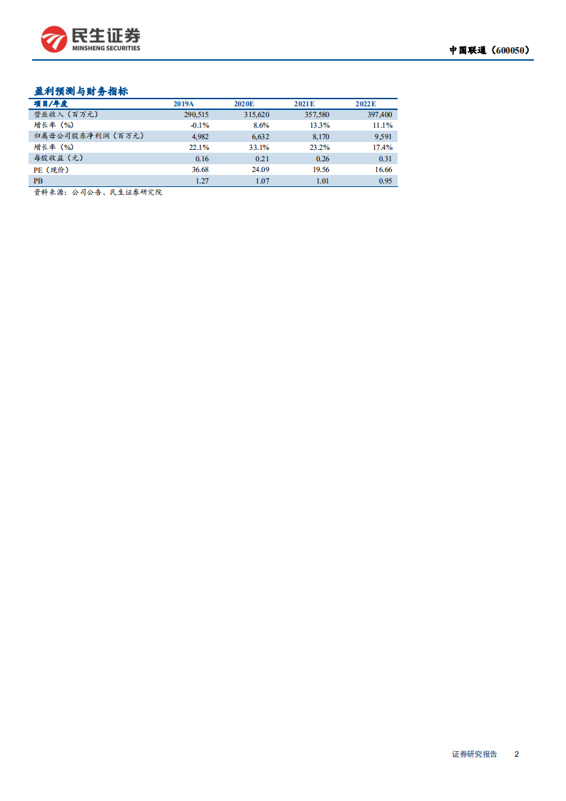 中国联通-2019年年报点评：产业互联网创新增长，共建共享改善效率，开启5G时代新征程-200325.pdf 第2页