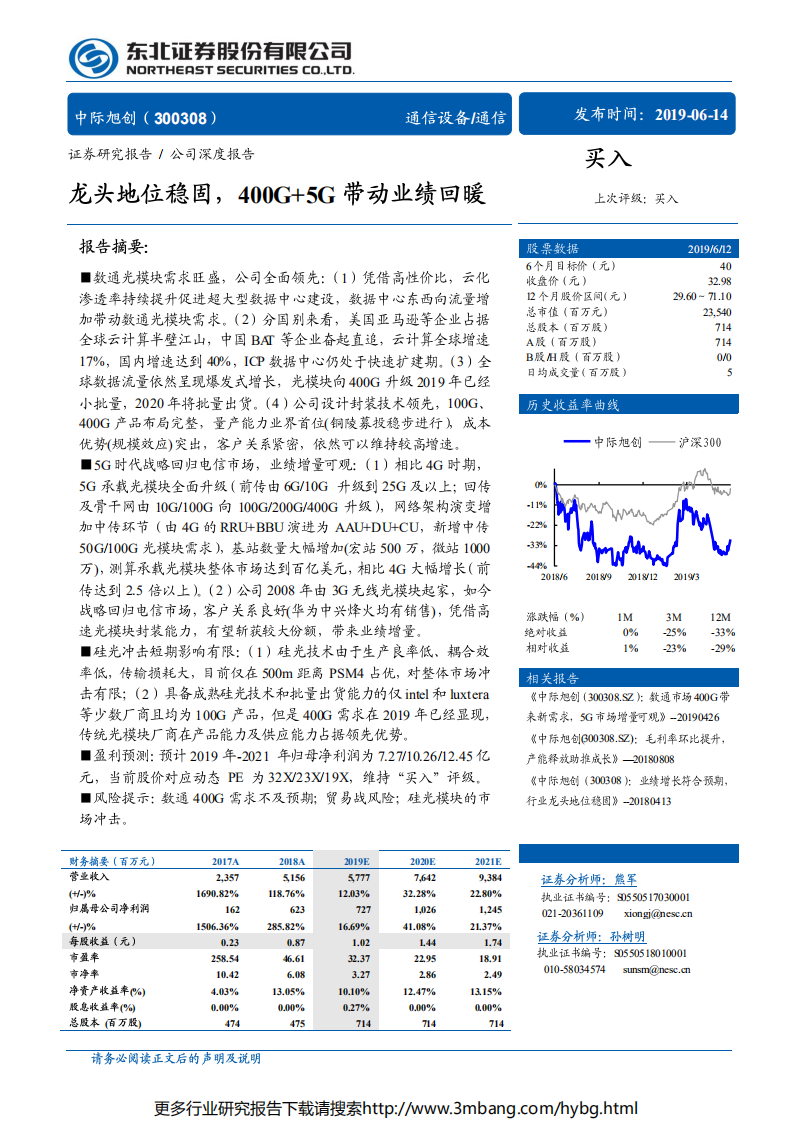 中际旭创-龙头地位稳固，400G+5G带动业绩回暖-190614.pdf 第1页