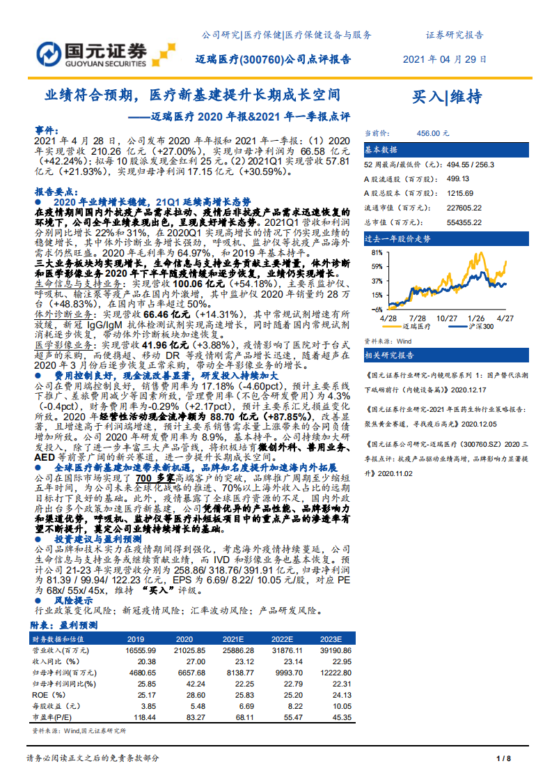 迈瑞医疗-2020年报、2021年一季报点评：业绩符合预期，医疗新基建提升长期成长空间.pdf 第1页